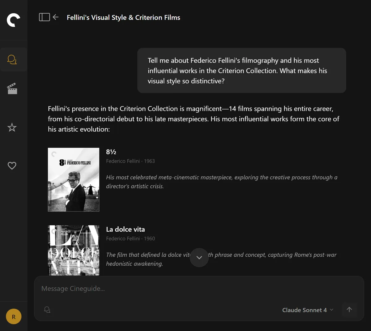 Cineguide conversation about Fellini with film cards inline