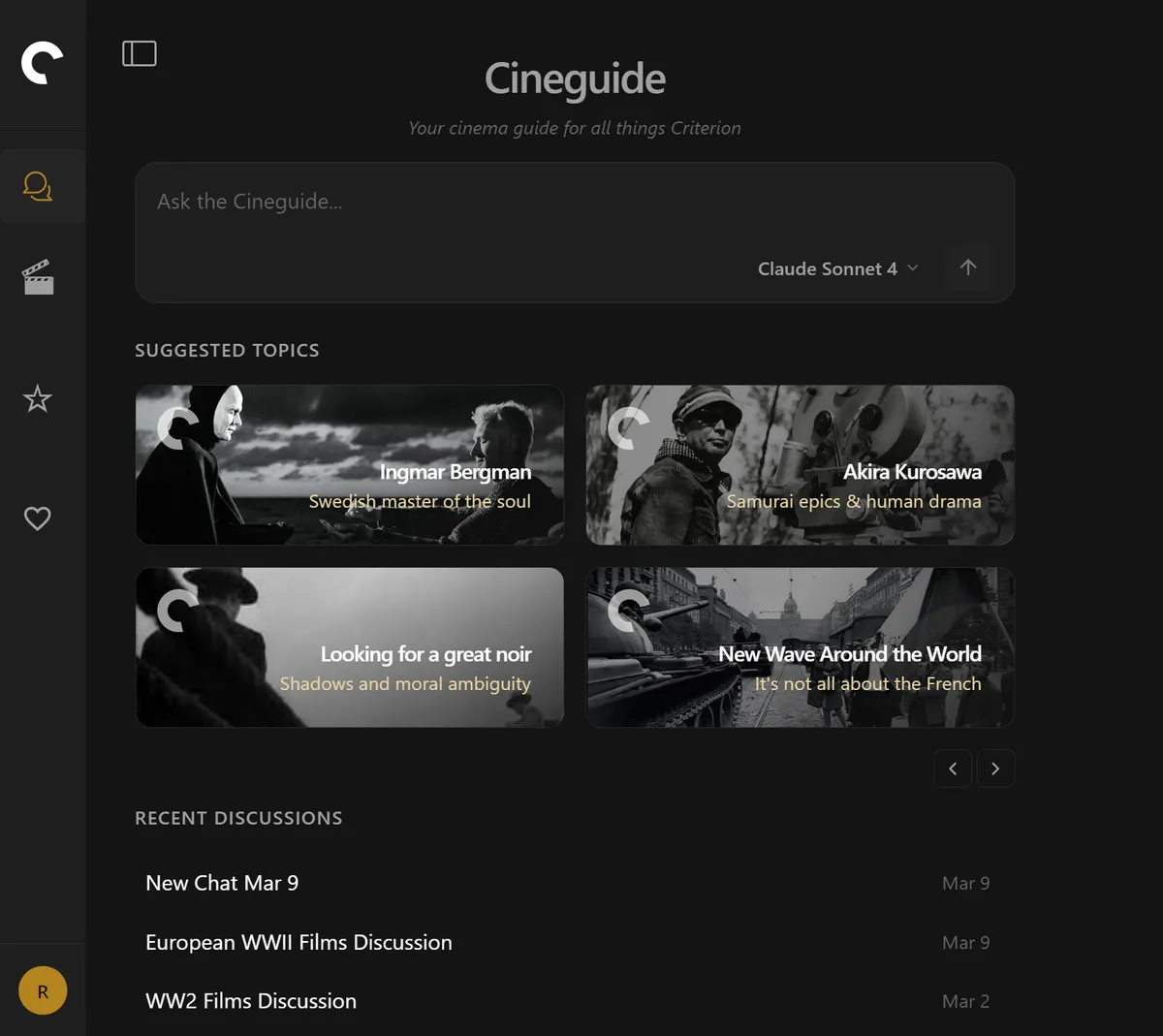 Cineguide home screen with suggested topics and recent discussions