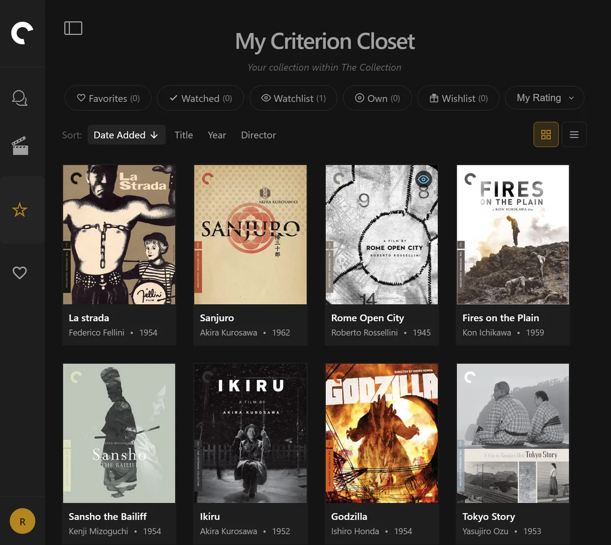 Criterion Closet grid view with film posters, sorting, and filter options
