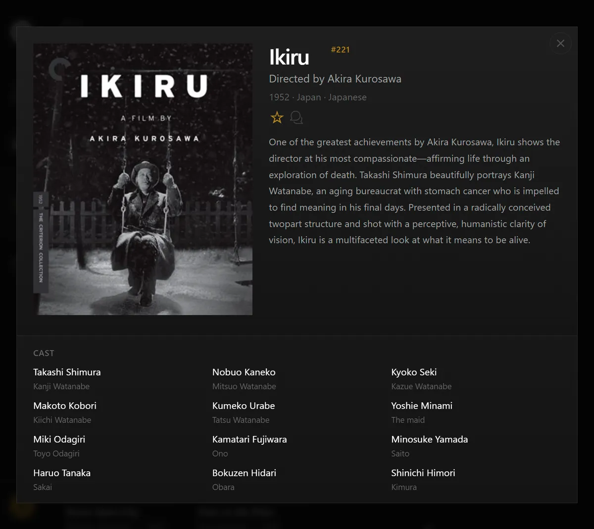 Film detail modal showing Ikiru with poster, description, and cast